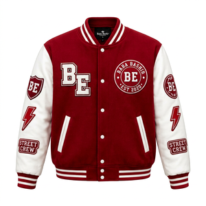 Chaqueta Varsity Roja Impermeable para Hombre Baba Bashir, con Mangas Blancas, Logotipo BE Bordado en la Parte Delantera, Diseño de Parche Street Crew y Cuello Alto - Product Image 1