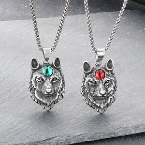 Kalung Liontin Kepala Serigala Ukiran Retro Eropa Amerika Terlaris, Kalung Batu Mata Kucing Hip-hop, Kalung Pria Trendi - Product Image 1