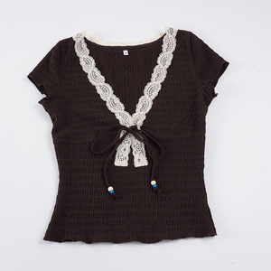 Blusa de punto con cuentas estilo francés vintage, cuello en V, ajuste ceñido con lazo frontal, moda versátil para mujer, venta al por mayor - Product Image 6