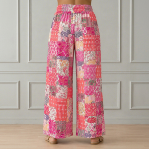 Pantalones Palazzo de Pierna Ancha con Estampado Patchwork de Calidad Premium, Cintura Alta con Cordón, Pantalones de Playa de Verano, Estilo Casual Holgado Boho - Product Image 1
