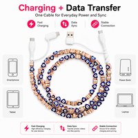 Câble de charge 4-en-1 en or rose avec perles, cordon de chargeur USB multi-prises Type C, perles œil bleu, cadeau