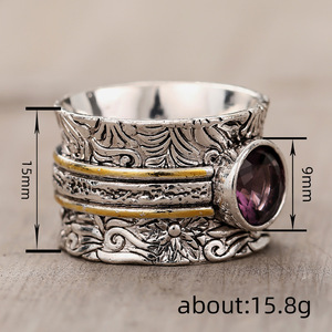 A143 Cocktail <b>Ring</b> 925 Silver <b>Amethyst</b> Bezel Setting <b>Gold</b> Plated Flower Pattern Unisex Everyday Wear - Product Image 4