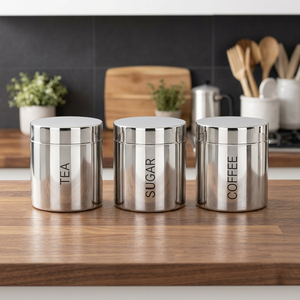 Stainless Steel Tea <b>Sugar</b> Coffee <b>Canisters</b> Round Airtight Food Storage Containers Minimalist Design Polished Finish - Product Image 3