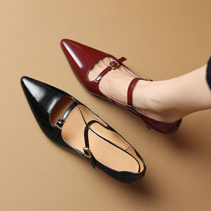 Zapatos de Tacón Alto con Doble Correa y Punta Puntiaguda, Zapatos Mary Jane Formales para Mujer, Verano Otoño, Aumento de Altura, Hebilla de Cuero Genuino, 5.5 cm - Product Image 1