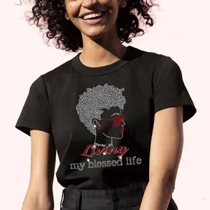 Custom Afro Girl With Living My Blessed Life Rhinestone Transfer For Garment
