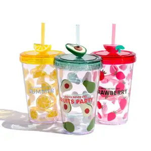 Summer Plastic Cups With Rotating Straws and Silicone fruit Custom Logo Sublimation drink mugs wholesale Water Tumbler