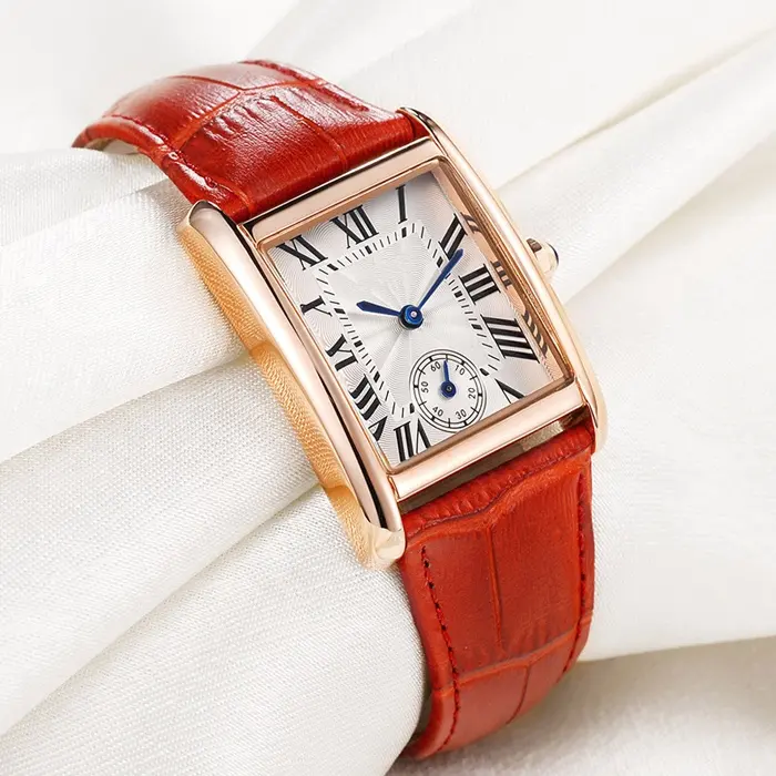 Roma Numbers Red Genuine Leather Strap Quartz Rectangle Women Watch