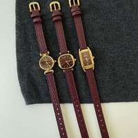 Montre-bracelet élégante pour femme en cuir bordeaux vintage, boîtier doré, cadran multi-formes, mouvement à quartz, luxe léger, Reloj