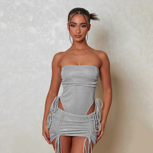 European American 2025 Spring Sexy Bodycon <b>Skirt</b> Two Piece Set Drawstring Tie Fitted Cut Out Strapless Sleeveless Evening Dress - Product Image 1