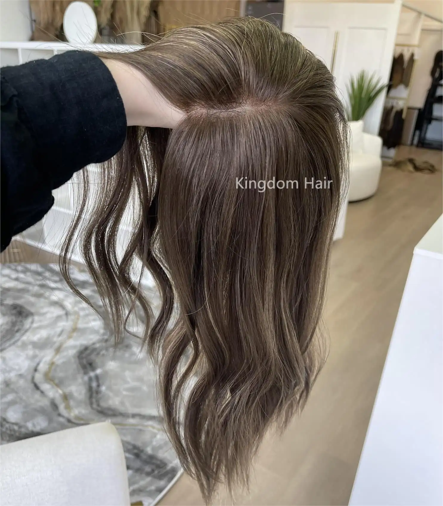 Premium Kanten Topper Europees Haar Asachtig Bruin Hoogtepunt Kleur Handgebonden 4X4 Kanten Top Met Wefts Toupetje Haarvervangingssysteem