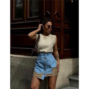 Autumn Cute Short Denim <b>Skirt</b> Distressed Washed Leather Trim Button Closure <b>Y2K</b> Vintage Style-Beige Midi Maxi Slit Waist - Product Image 5