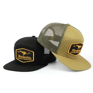 Wholesale Custom 7 Panel Olive Green Structured Snap Back 100% Cotton Embroidery Patch Flat Brim Snapback Caps Mesh Trucker Hat