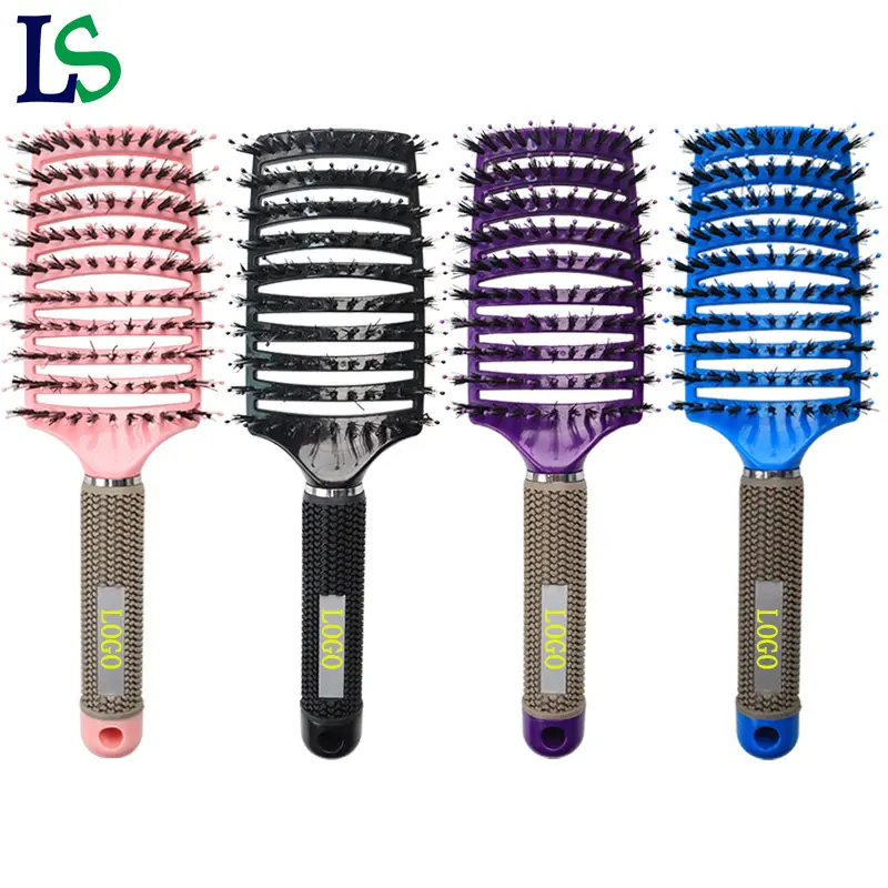 LOGOTIPO personalizado e COR Hot Selling Rubber Handle Big Curved Comb Javali Cerdas Vent Hair Brush