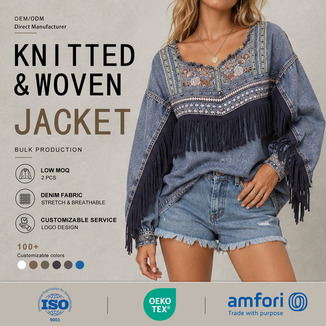 Custom OEM Ethnic Embroidered Fringe Denim Jacket for Women Boho Style Knit Jean Coat Private Label Western Streetwear