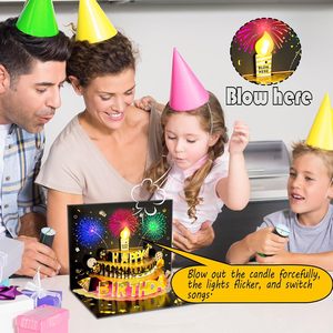 Cartes d'anniversaire pop-up avec lumière LED et musique, avec bougie qui s'éteint, ballons 3D chantant Joyeux Anniversaire, cadeau de remise de diplôme en papier - Product Image 4