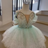 Gaun Tutu Balet Hijau Mint untuk Anak, Berhias Renda & Payet dengan Lengan Tulle Mengembang, Tutu Pancake Profesional untuk Anak Perempuan