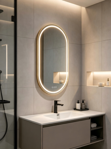 กระจกห้องน้ำติดผนังรูปวงรีพร้อมไฟ LED, กรอบสีทองบางเฉียบ, กระจกแต่งหน้าอัจฉริยะพร้อมสวิตช์สัมผัส, ฟังก์ชั่นป้องกันฝ้าสำหรับโรงแรม - Product Image 2