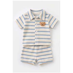 Haut à manches courtes en tricot rayé pour bébé garçon, avec patch ours et ensemble short assorti, tenue décontractée - Product Image 1