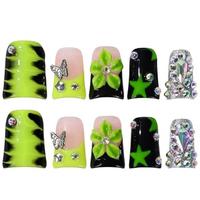 Faux ongles à presser faits main, motif canard, dégradé coloré, avec breloque œil de diable 3D en strass, produit de beauté en gros