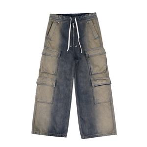Pantalones Vaqueros de Mezclilla Deslavados con Múltiples Bolsillos, Talla Grande, Sólidos, Ecológicos, Transpirables, Casuales, con Cordón, Estilo Hip Hop, Servicio OEM - Product Image 1