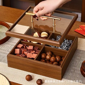Caja rectangular de madera maciza para refrigerios con compartimentos y tapa de vidrio para almacenamiento en escritorio, organizador de frutas secas, nueces y dulces - Product Image 5