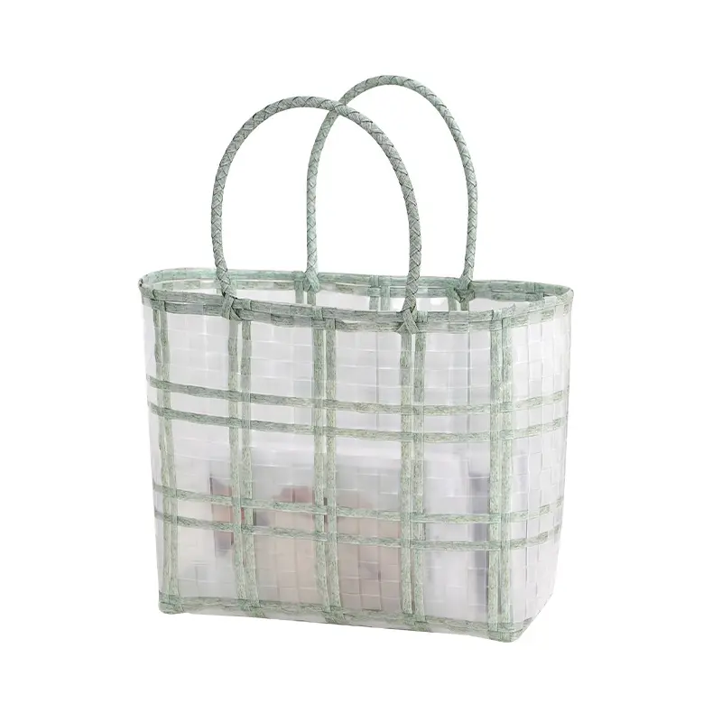 Groothandel Zomer Strand Hand Carry Rooster Streep Designer Boodschappentas Transparante <span class=keywords><strong>Plastic</strong></span> Zandstrand Weave Bag