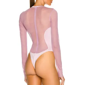 OEM Long Sleeve O-neck Gusset Snap Button Thong Back Sheer Mesh Bodysuit Jumpsuit Women