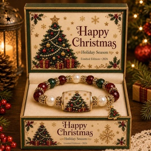 Santa Claus Crystal Pearl <b>Beaded</b> <b>Bracelet</b> with Tube Pine Tree Pendant Alloy Unisex Christmas Gift - Product Image 2
