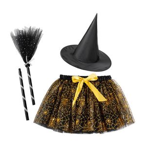 3PCS Girls Halloween Witch Costume Set with <b>Hat</b> Broom and Spider Web Tutu Skirt for Cosplay Party Dress up - Product Image 4