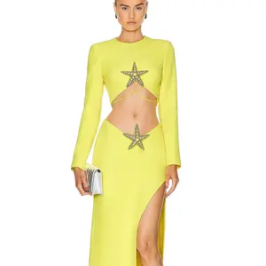 SS2296 Yellow Long Sleeve High Slit Two Pieces Set Sexy Birthday Party Wear For Ladies Summer Bodycon Skirt Set