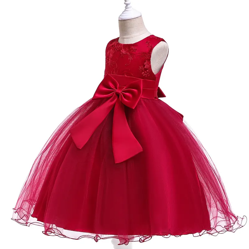 Beautiful Fancy Birthday Party Sleeveless Princess Lace Bow Gown Flower 2 Years Baby Girl Dress