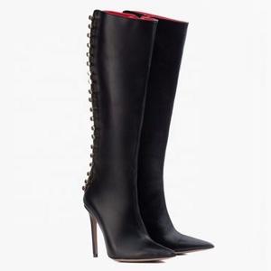 Back Cut Out Women Metal Decor Knee High <b>Boots</b> Big Size 45 Solid Stiletto Dress Shoes Slim Heels Long <b>Boots</b> - Product Image 4