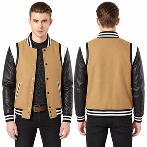 Custom design varsity <b>jacket</b> <b>men</b> tan body black sleeves snap button baseball <b>jacket</b> with striped ribbed cuffs varsity <b>jackets</b> - Product Image 2