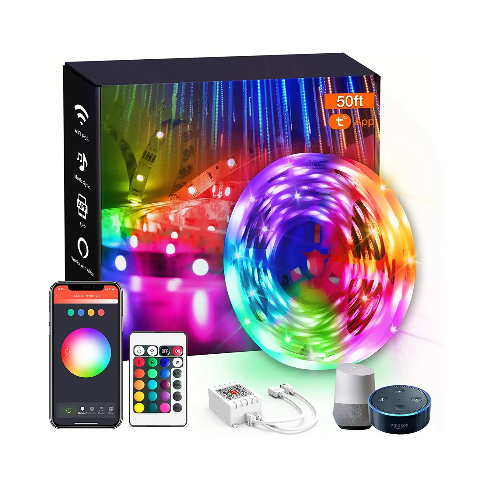 WiFi Tuya IP20 12V 10m 5050 RGB App Control Alexa Google Voice Activated Smart LED Light Strips