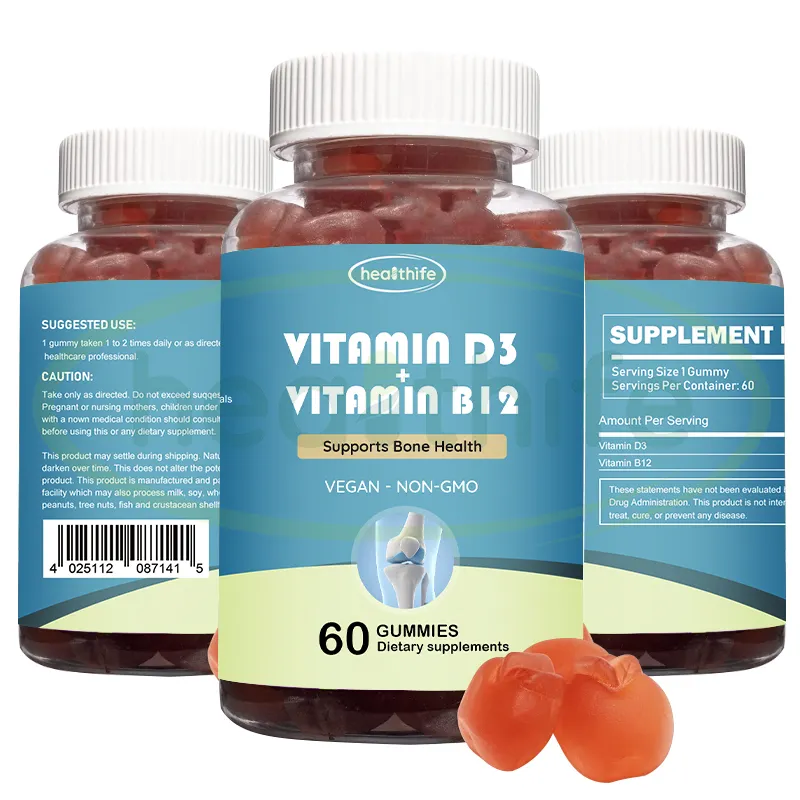 Bán buôn đường miễn phí người lớn & trẻ em Vitamin D3 Vitamin B12 Gummies cho năng lượng tâm trạng và xương tăng