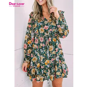 Dear-Lover Hot Sale Vestido Floral Green Buttoned Bodice Ruffled Elegant Ladies Dress