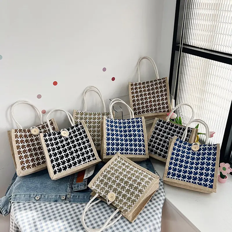 New Fashion Linen Ladies Bag Plaid Printed Storage Bag High Quality Handbags For Women
