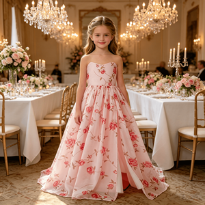 Vestido <span class=keywords><strong>de</strong></span> Princesa con Tirantes Finos y Estampado Floral, Vestido <span class=keywords><strong>de</strong></span> Fiesta con Cola Alta y Baja, Vestido <span class=keywords><strong>de</strong></span> Ceremonia para Niñas, Vestido <span class=keywords><strong>de</strong></span> Dama <span class=keywords><strong>de</strong></span> Honor - Product Image 2