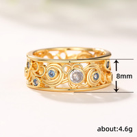 Bague en filigrane de zircone cubique bleue pour femme, 18 mm, laiton plaqué or ajouré vintage, or