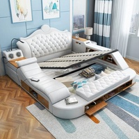 Juego de cama multifuncional de cuero genuino, muebles con almacenamiento, tamaño king, moderno e inteligente