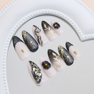 Ongles à presser 3D effet œil de chat, paillettes dorées, étoiles, coquillages français, style Ins doux et cool, amovibles, 24 pièces - Product Image 3