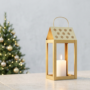 Latest 2026 Christmas Collection <b>Gold</b> Metal Candle <b>Lantern</b> with Snowflakes Cutouts for Home Decoration - Product Image 1