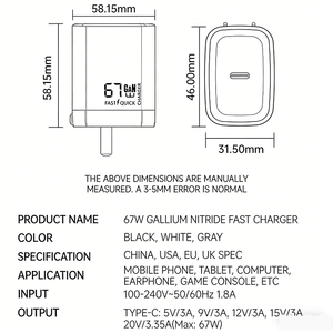Cargador <span class=keywords><strong>USB</strong></span> C GaN de 67W OEM ODM, Bloque de Carga Rápida PD Plegable, <span class=keywords><strong>Enchufe</strong></span> de Pared Multiprotocolo Tipo-C para Laptop y Teléfono - Product Image 4