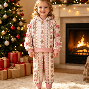 Haut à capuche sans manches et pantalon de jogging en coton biologique imprimé avec des nœuds en forme d'oies en pain d'épices personnalisés pour filles, tenues de Noël - Product Image 4