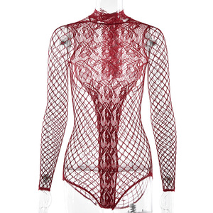 Sexy Women's Mesh Bodysuit Wine Red Long Sleeve Hollow Rhinestone <b>Tight</b> Fit Lingerie Cross Border Ecommerce - Product Image 5