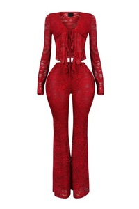 Set di <span class=keywords><strong>pantaloni</strong></span> Sexy in <span class=keywords><strong>pizzo</strong></span> elasticizzato in due pezzi con Cardigan Crop Top a maniche lunghe e <span class=keywords><strong>pantaloni</strong></span> a zampa di elefante - Product Image 5