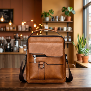Men Genuine <b>Leather</b> <b>Soft</b> Briefcase Classic Zipper Closure Business Messenger <b>Bag</b> Durable Lightweight Brown - Product Image 1