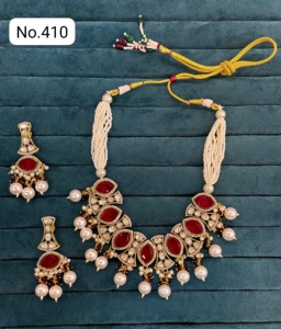 Estilo étnico chapado en oro Kundan-tachonado collar pendientes conjunto moda bodas fiestas ropa nupcial compromiso regalos mujeres niñas - Product Image 6