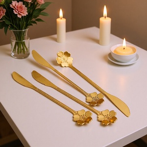 Ensemble cuillère-couteau en acier inoxydable 304, motif fleur de cerisier, longue cuillère à café, emballage individuel jetable - Product Image 1