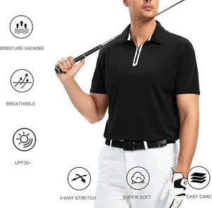 เสื้อโปโลแขนสั้นผ้าซิปสีพื้นผ้าโพลีเอสเตอร์สำหรับผู้ชาย - Product Image 3